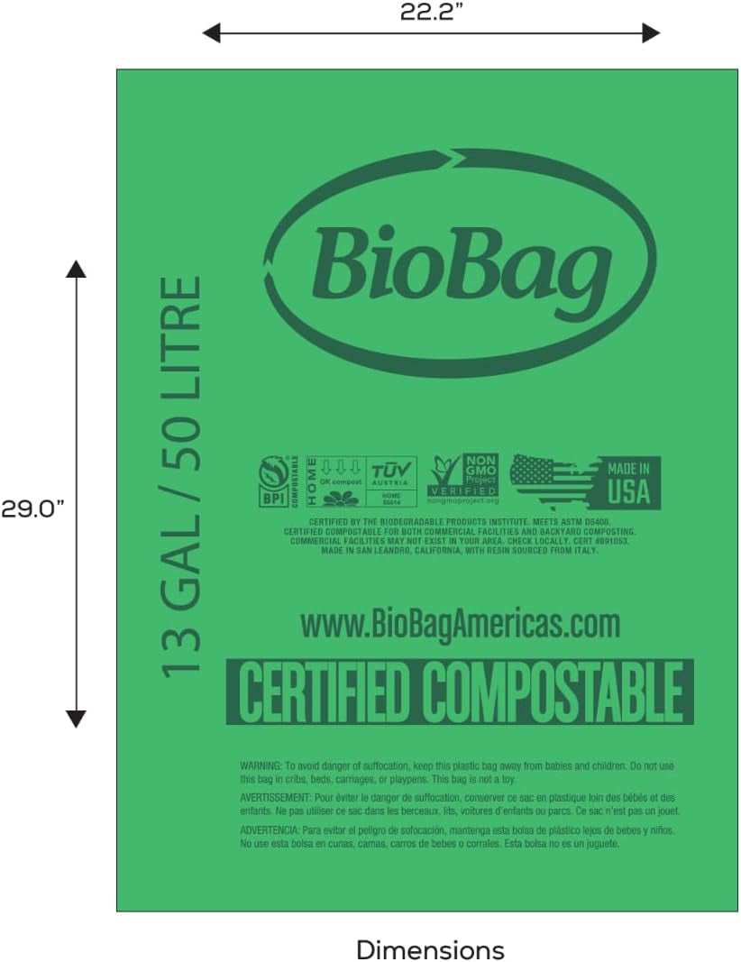 13 Gallon Tall Kitchen Compostable Bags by , 48 Count, BPI Certified, Meets ASTM D6400 Standards, Made in USA, Food Scrap Bin Liners