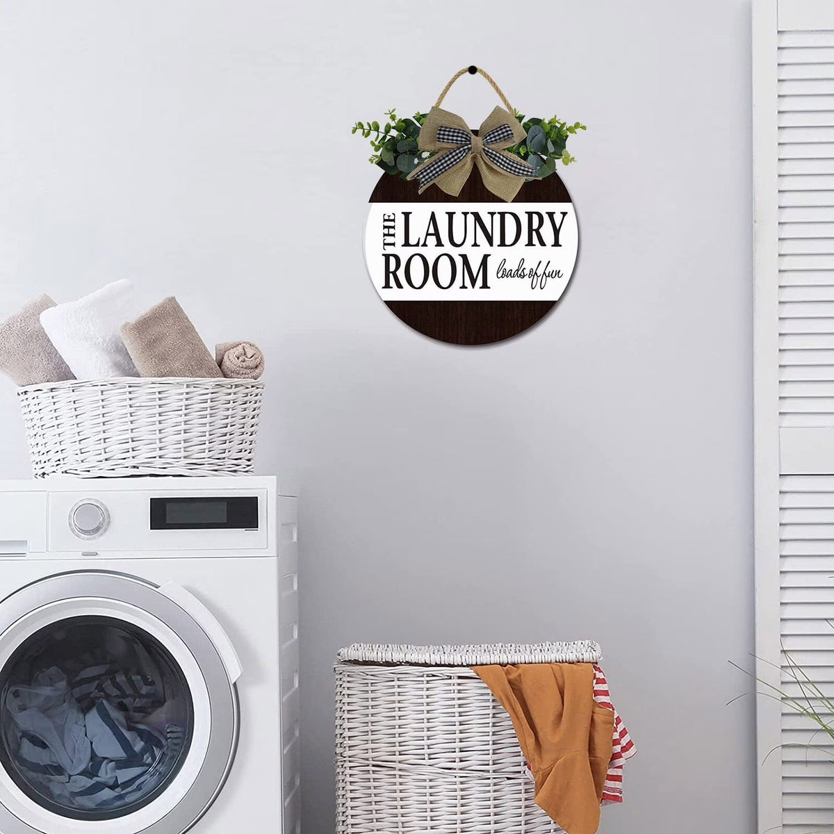 12" Wash Dry Fold Repeat Laundry Room Sign Rustic Wooden round Plaque Wreaths for Wall Door Sign Vintage Hanging Laundry Room Decor for Wash House Farmhouse