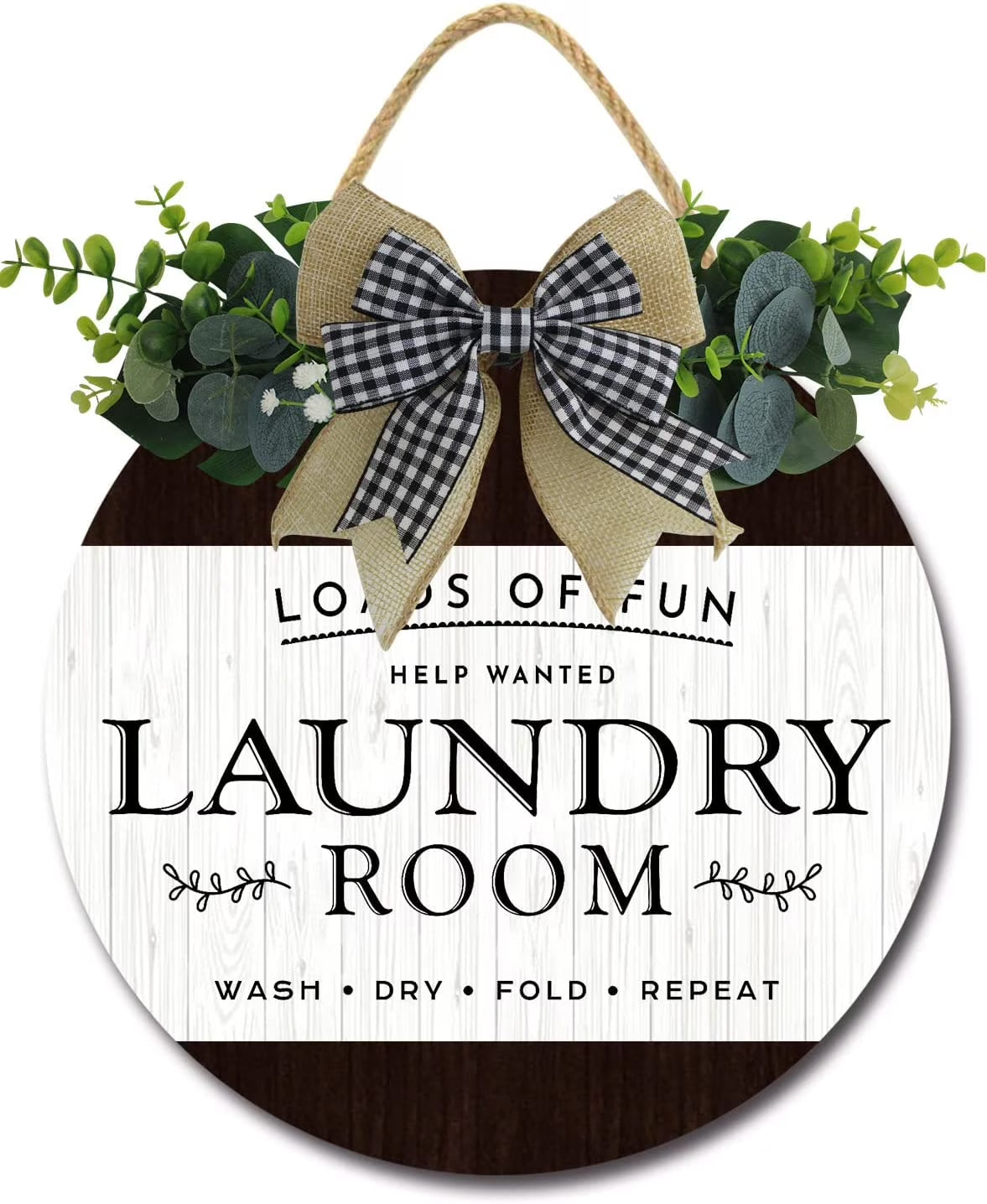 12" Wash Dry Fold Repeat Laundry Room Sign Rustic Wooden round Plaque Wreaths for Wall Door Sign Vintage Hanging Laundry Room Decor for Wash House Farmhouse