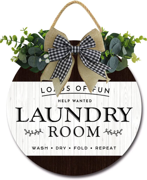 12" Wash Dry Fold Repeat Laundry Room Sign Rustic Wooden round Plaque Wreaths for Wall Door Sign Vintage Hanging Laundry Room Decor for Wash House Farmhouse