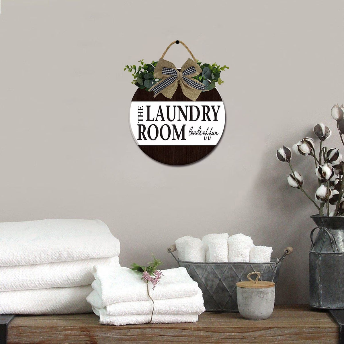 12" Wash Dry Fold Repeat Laundry Room Sign Rustic Wooden round Plaque Wreaths for Wall Door Sign Vintage Hanging Laundry Room Decor for Wash House Farmhouse