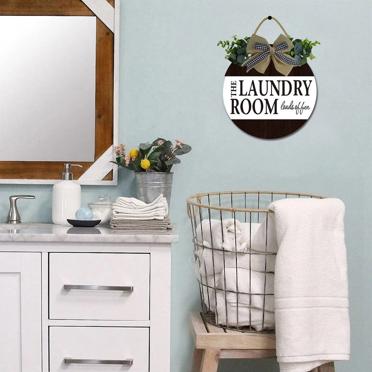12" Wash Dry Fold Repeat Laundry Room Sign Rustic Wooden round Plaque Wreaths for Wall Door Sign Vintage Hanging Laundry Room Decor for Wash House Farmhouse